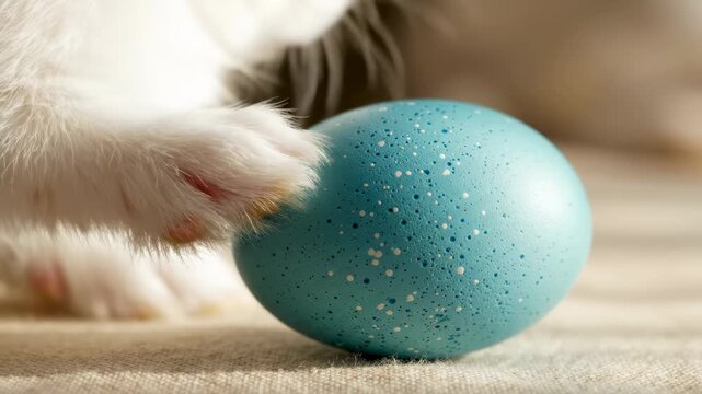 Cat interacts with blue egg in indoor environment. Soft neutral background highlights activity. Concept of pet care, animal toys, home settings