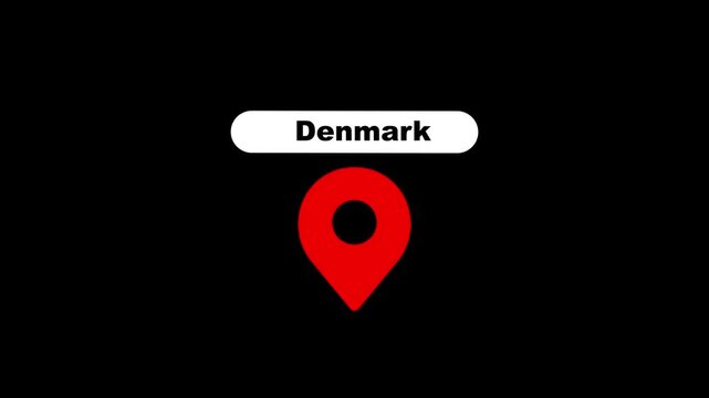 Denmark location pin animation on black background, for travel and, mapping projects marker.