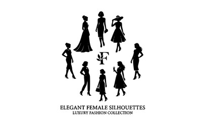 Obraz premium Elegant Girl Vector Set Fashion Women Silhouette Illustration Collection