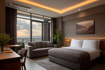 Fototapeta premium A modern hotel room featuring a king-size bed, sofa, and floor-to-ceiling windows with a scenic view