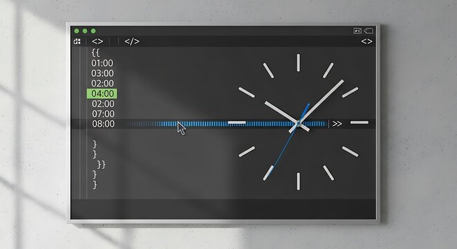 A computer screen displays a clock with a blue timeline and white and gray hands on screen