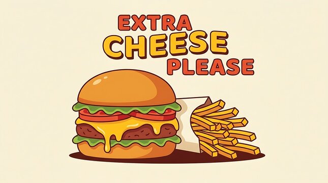 Flat vector of cheeseburger and fries, text &ldquo;Extra Cheese Please&rdquo;