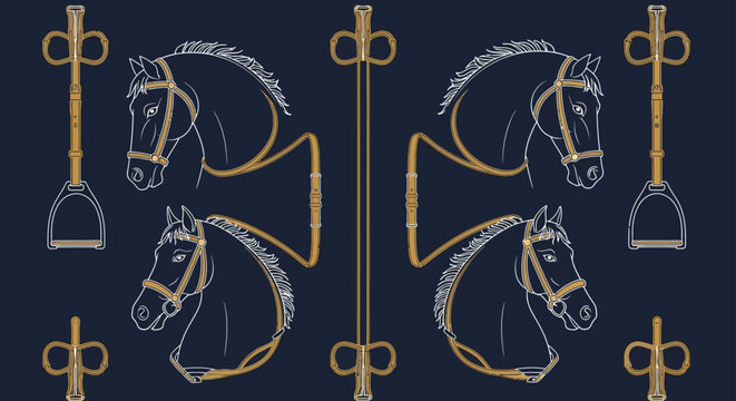 vintage equestrian illustration of horses and riding equipment on dark blue