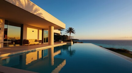 Fototapeta premium Luxury modern villa with infinity pool at sunset overlooking ocean. Palm trees and serene sea vista create peaceful tropical vacation setting. Elegant terrace provides stunning sunset views.