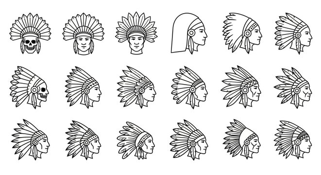 Native American Indian Head, Headdress, Feathered Warrior, Tribal Icon Set, 20 Vector Illustrations