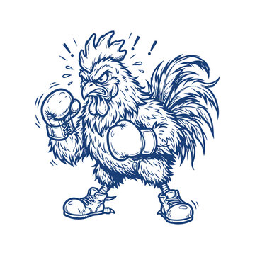 Fighting Rooster Boxer Cartoon Line Art Illustration