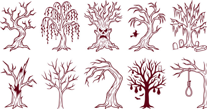 Ten eerie and creepy haunted trees with spooky faces and dead branches.