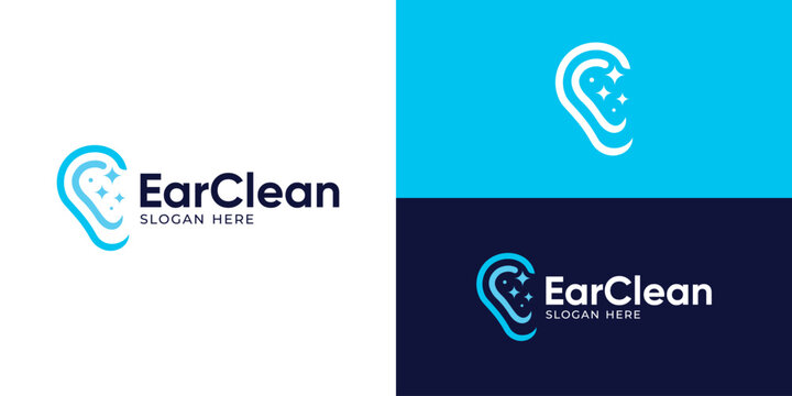 Creative simple ear clean logo template. Ear with sparkle symbol for hearing care logo design vector illustration.