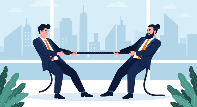 Businessmen, office rivalry, tug of war, vector illustration, corporate conflict, competition, two men in suits