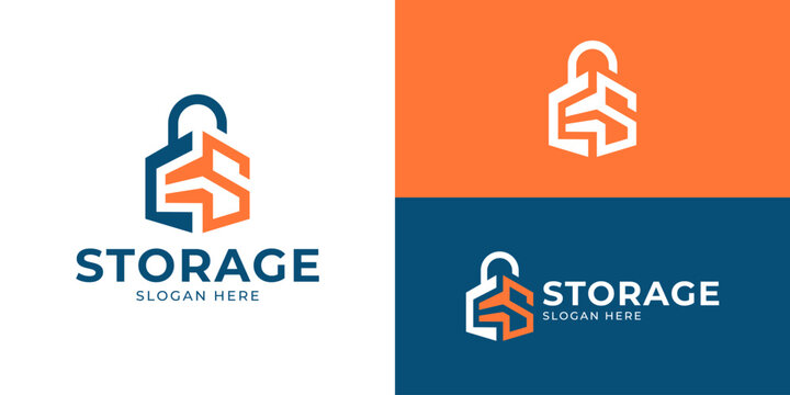 Creative simple storage logo template. Abstract storage warehouse with padlock and letter S initial for self storage logo design vector illustration.