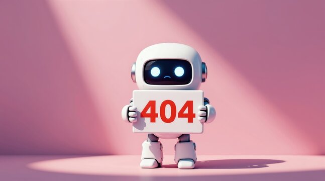 Sad robot holds 404 error sign. Cute cartoon character shows page not found message. Digital art with playful tech malfunction theme for websites.