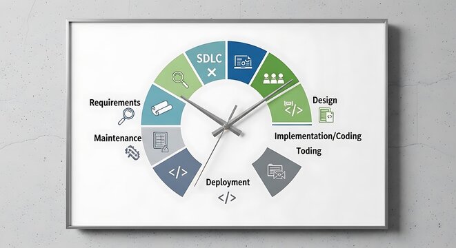 Software development lifecycle process illustration with clock on whiteboard