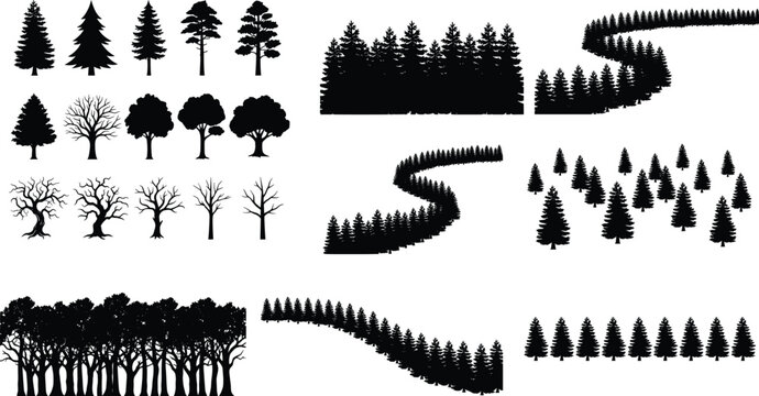 Forest Tree Silhouette Collection with Pine Woodland Bare Trees and Evergreen Landscape Vector Elements