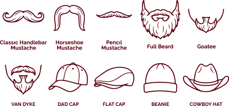 Set of vintage gentleman accessories like mustaches beards and hats on white background.
