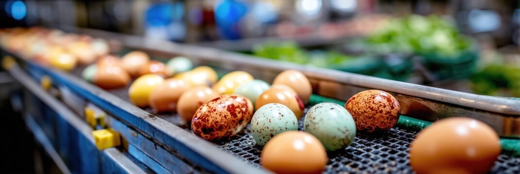 Brown eggs moving along an automated conveyor in a modern food processing plant during production