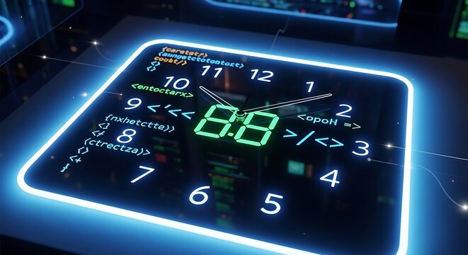 Glowing digital clock with coding symbols on its face in a futuristic interface design