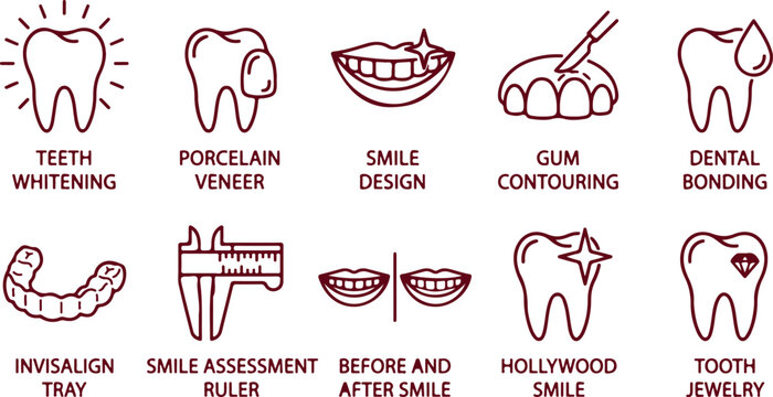 Dental services icons for smile design teeth whitening and veneer treatment.