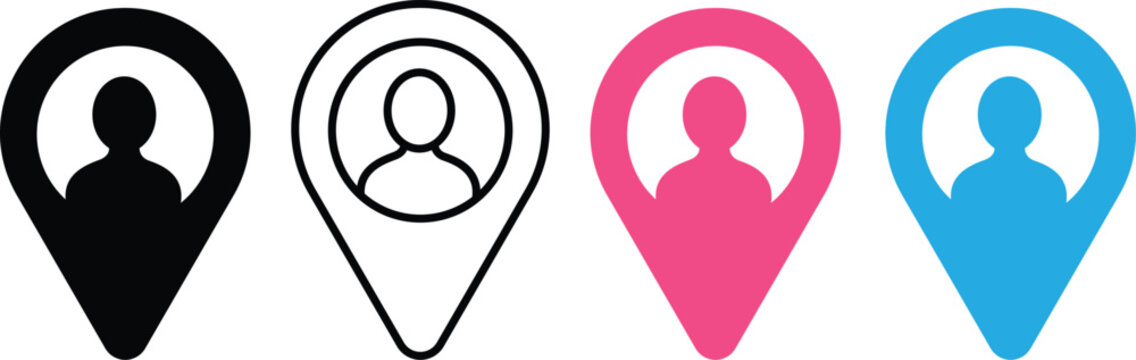 User Location Pin Icon Set in Outline Glyph and Flat Style for Map Navigation and Profile Marker