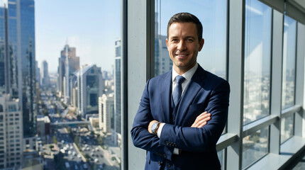 Fototapeta premium Confident businessman in a modern office with city skyline view, professional attire, and bright natural lighting