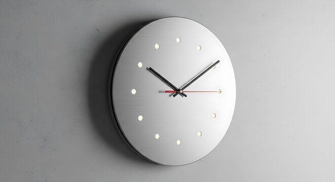 Modern oval clock with black hands and red second hand on gray wall