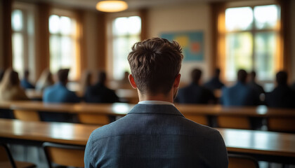 Fototapeta premium Young Man Studying in University Lecture Hall from Behind, Back View of Student for Education, Learning or Campus Life Concept