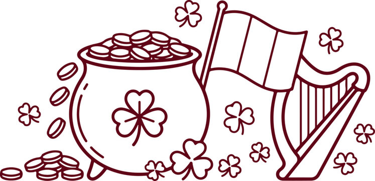 Irish luck symbols pot of gold coins harp and shamrocks celebration.