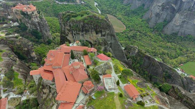 Top-down Aerial Video of Great Meteoron, Varlaam, and Rousanou Monasteries