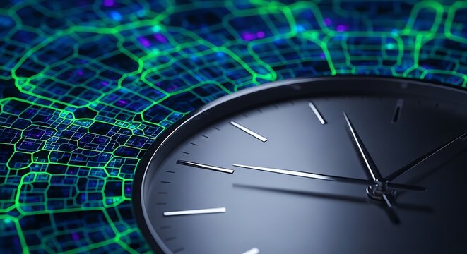 Close-up of a clock on a futuristic circuit board background with neon green lines and purple dots