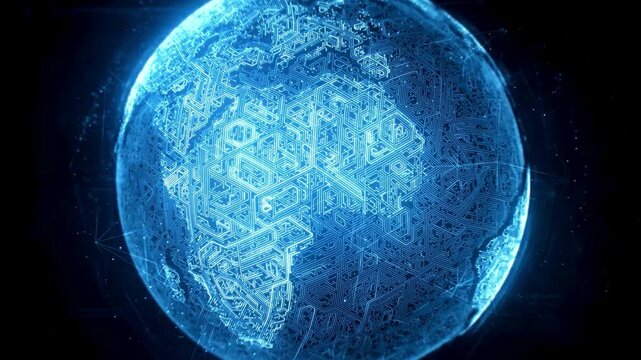 Digital earth globe animation showing interconnected circuit board pattern glowing in cyberspace environment for global communication and network technology data.