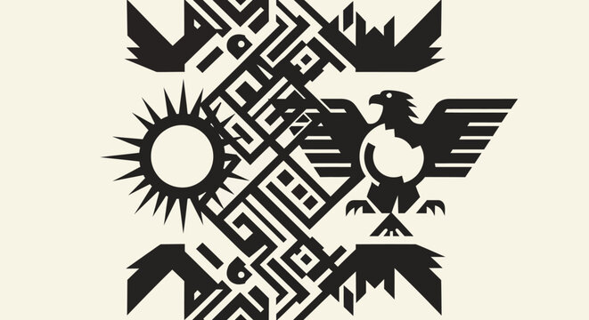 geometric pattern depicting a stylized eagle and sun symbol evoking ancient aztec indigenous art and cultural heritage