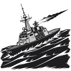 naval warship illustration on waves black and white graphic © rrr