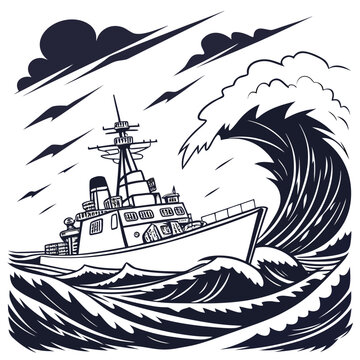 naval destroyer ship illustration with waves and clouds