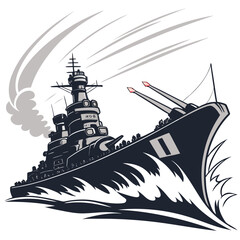 battleship illustration with missile launch black and white graphic © rrr