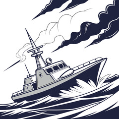 modern navy vessel illustration with stylized waves and clouds © rrr