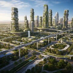 Obraz premium Futuristic ecofriendly cityscape with sustainable skyscrapers and elevated monorail system