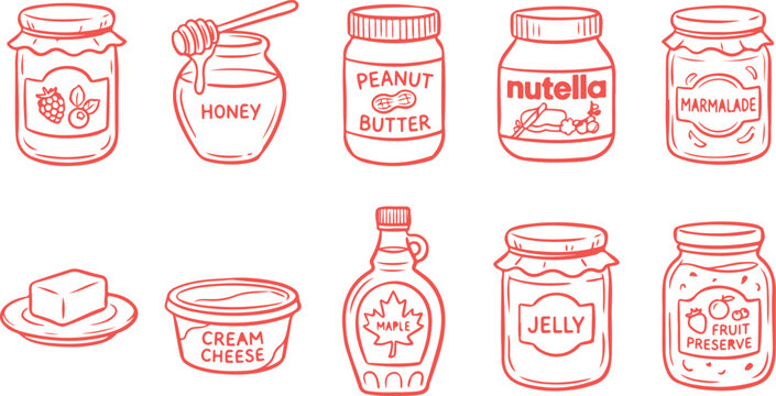 Jars of jam jelly peanut butter nutella honey butter cream cheese maple syrup.