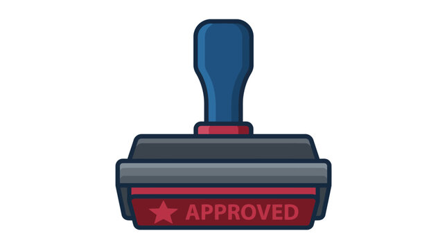 3d rubber stamp icon with approved mark in blue and red colors featuring bold text and star symbol suitable for certification approval and official documentation graphics