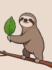 Fototapeta premium Cute Cartoon Sloth Holding a Green Leaf on Tree Branch