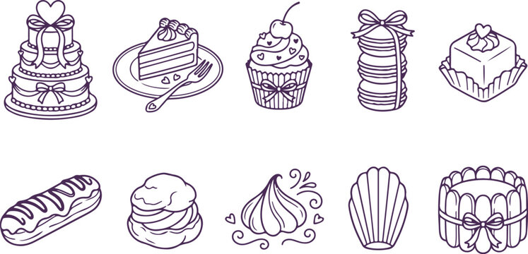 Dessert doodles for celebration, party, and food themes, sweet treats illustrations.