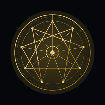 Golden Enneagram Sacred Geometry Star Symbol Isolated On Black Background