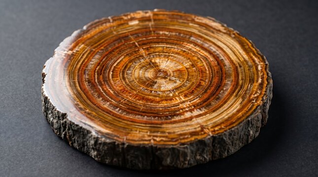 Polished Petrified Wood Slice Showing Ancient Tree Rings On Dark Table Vector
