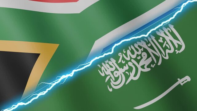 Two waving flags South Africa and Saudi Arabia with diagonal lightning seamless, 4k loop