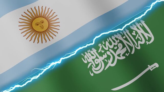 Two waving flags Argentina and Saudi Arabia with diagonal lightning seamless, 4k loop