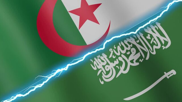 Two waving flags Algeria and Saudi Arabia with diagonal lightning seamless, 4k loop