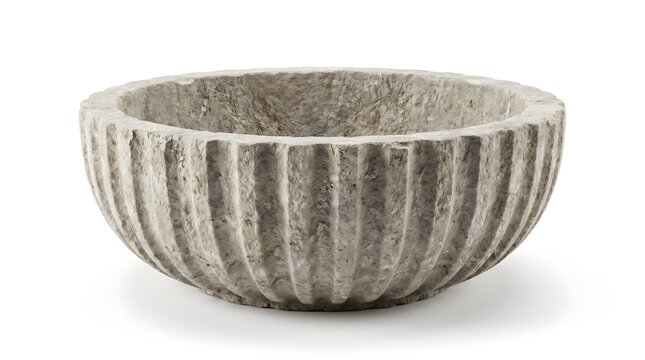 Gray stone bowl with vertical ridges on a white background isolated decorative object