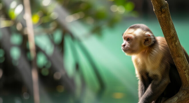 Capuchin monkey in mangrove habitat tropical wildlife portrait and rainforest biodiversity concept. Suitable for nature and conservation themes.