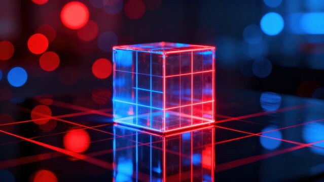 Glowing cube on reflective surface