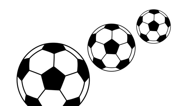 Three monochrome soccer balls in diminishing size, suggesting motion and play on a white background