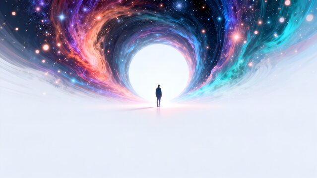 Person standing in cosmic tunnel