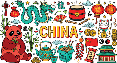 China cultural doodle collection featuring dragon panda lanterns lucky cat tea noodles and traditional Chinese decorative symbols © Danial